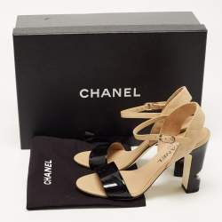 Pre Owned Chanel Beige/Black Leather Ankle Strap Sandals Size 35