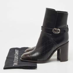 Pre Owned Chanel Black Quilted Leather CC Cap Block Heel Mid Calf Booties Size 37.5