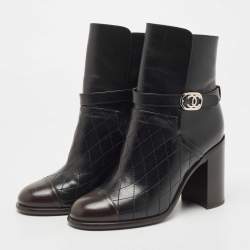Pre Owned Chanel Black Quilted Leather CC Cap Block Heel Mid Calf Booties Size 37.5