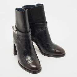 Pre Owned Chanel Black Quilted Leather CC Cap Block Heel Mid Calf Booties Size 37.5