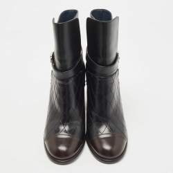 Pre Owned Chanel Black Quilted Leather CC Cap Block Heel Mid Calf Booties Size 37.5