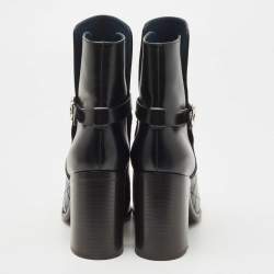 Pre Owned Chanel Black Quilted Leather CC Cap Block Heel Mid Calf Booties Size 37.5