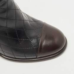 Pre Owned Chanel Black Quilted Leather CC Cap Block Heel Mid Calf Booties Size 37.5