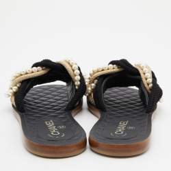 Pre Owned Chanel Multicolor Jute and Cotton Blend Pearl Flat Slides Size 39