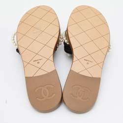 Pre Owned Chanel Multicolor Jute and Cotton Blend Pearl Flat Slides Size 39