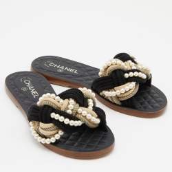 Pre Owned Chanel Multicolor Jute and Cotton Blend Pearl Flat Slides Size 39