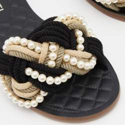 Pre Owned Chanel Multicolor Jute and Cotton Blend Pearl Flat Slides Size 39