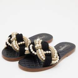 Pre Owned Chanel Multicolor Jute and Cotton Blend Pearl Flat Slides Size 39
