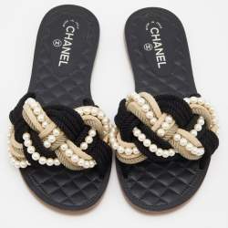 Pre Owned Chanel Multicolor Jute and Cotton Blend Pearl Flat Slides Size 39