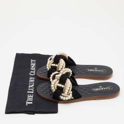 Pre Owned Chanel Multicolor Jute and Cotton Blend Pearl Flat Slides Size 39