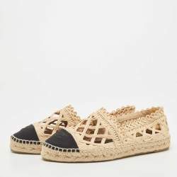 Pre Owned Chanel Beige/Black Laser Cut Raffia and CC Canvas Espadrille Flats Size 40