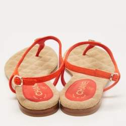 Pre Owned Chanel Orange Suede CC Embellished Ankle Strap Thong Flat Sandals Size 38