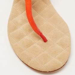 Pre Owned Chanel Orange Suede CC Embellished Ankle Strap Thong Flat Sandals Size 38