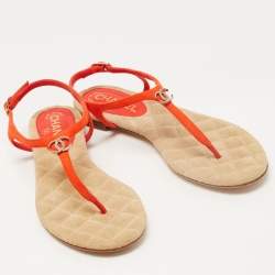 Pre Owned Chanel Orange Suede CC Embellished Ankle Strap Thong Flat Sandals Size 38