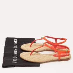 Pre Owned Chanel Orange Suede CC Embellished Ankle Strap Thong Flat Sandals Size 38