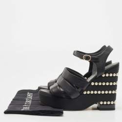 Pre Owned Chanel Black Leather CC Faux Pearl Wedge Strappy Sandals Size 37