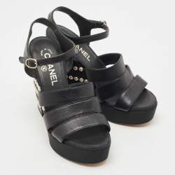 Pre Owned Chanel Black Leather CC Faux Pearl Wedge Strappy Sandals Size 37