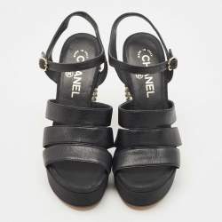 Pre Owned Chanel Black Leather CC Faux Pearl Wedge Strappy Sandals Size 37