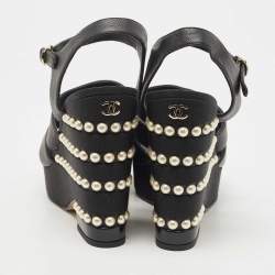 Pre Owned Chanel Black Leather CC Faux Pearl Wedge Strappy Sandals Size 37