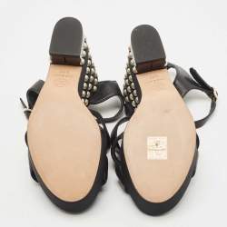 Pre Owned Chanel Black Leather CC Faux Pearl Wedge Strappy Sandals Size 37