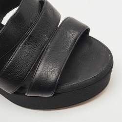 Pre Owned Chanel Black Leather CC Faux Pearl Wedge Strappy Sandals Size 37