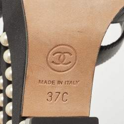 Pre Owned Chanel Black Leather CC Faux Pearl Wedge Strappy Sandals Size 37