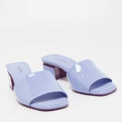 Chanel Blue Patent Leather CC Block Heel Slide Sandals Size 38