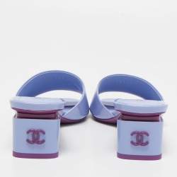 Chanel Blue Patent Leather CC Block Heel Slide Sandals Size 38