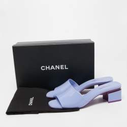 Chanel Blue Patent Leather CC Block Heel Slide Sandals Size 38