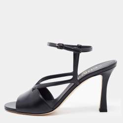 Pre Owned Chanel Black Leather CC Ankle Strap Sandals Size 38