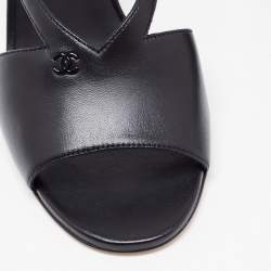 Pre Owned Chanel Black Leather CC Ankle Strap Sandals Size 38