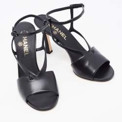 Pre Owned Chanel Black Leather CC Ankle Strap Sandals Size 38