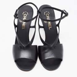 Pre Owned Chanel Black Leather CC Ankle Strap Sandals Size 38