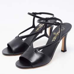 Pre Owned Chanel Black Leather CC Ankle Strap Sandals Size 38