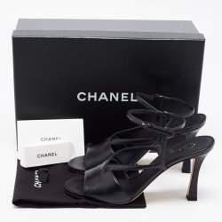Pre Owned Chanel Black Leather CC Ankle Strap Sandals Size 38