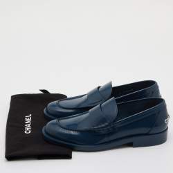 Chanel Blue Leather Slip On Loafers Size 37.5