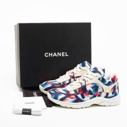 Pre Owned Chanel White/Blue Suede and Printed Satin CC Low Top Sneakers Size 40.5