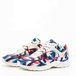Pre Owned Chanel White/Blue Suede and Printed Satin CC Low Top Sneakers Size 40.5