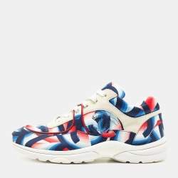 Pre Owned Chanel White/Blue Suede and Printed Satin CC Low Top Sneakers Size 40.5