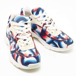 Pre Owned Chanel White/Blue Suede and Printed Satin CC Low Top Sneakers Size 40.5