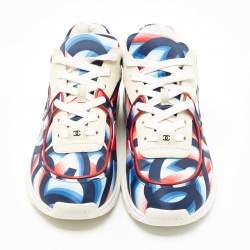 Pre Owned Chanel White/Blue Suede and Printed Satin CC Low Top Sneakers Size 40.5