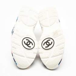 Pre Owned Chanel White/Blue Suede and Printed Satin CC Low Top Sneakers Size 40.5