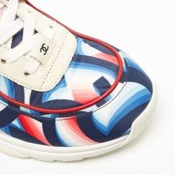 Pre Owned Chanel White/Blue Suede and Printed Satin CC Low Top Sneakers Size 40.5
