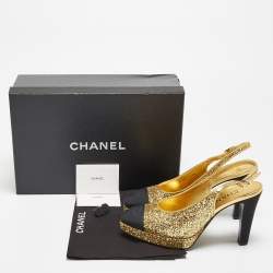 Pre Owned Chanel Gold/Black Glitter and Canvas Cap Toe Slingback Pumps Size 37