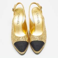 Pre Owned Chanel Gold/Black Glitter and Canvas Cap Toe Slingback Pumps Size 37
