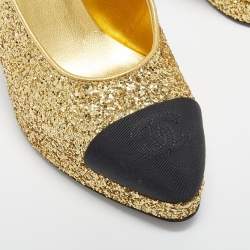 Pre Owned Chanel Gold/Black Glitter and Canvas Cap Toe Slingback Pumps Size 37