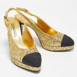 Pre Owned Chanel Gold/Black Glitter and Canvas Cap Toe Slingback Pumps Size 37