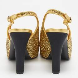 Pre Owned Chanel Gold/Black Glitter and Canvas Cap Toe Slingback Pumps Size 37
