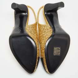 Pre Owned Chanel Gold/Black Glitter and Canvas Cap Toe Slingback Pumps Size 37