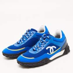 Pre Owned Chanel Blue/White Mesh and Leather CC Low Top Sneakers Size 37.5